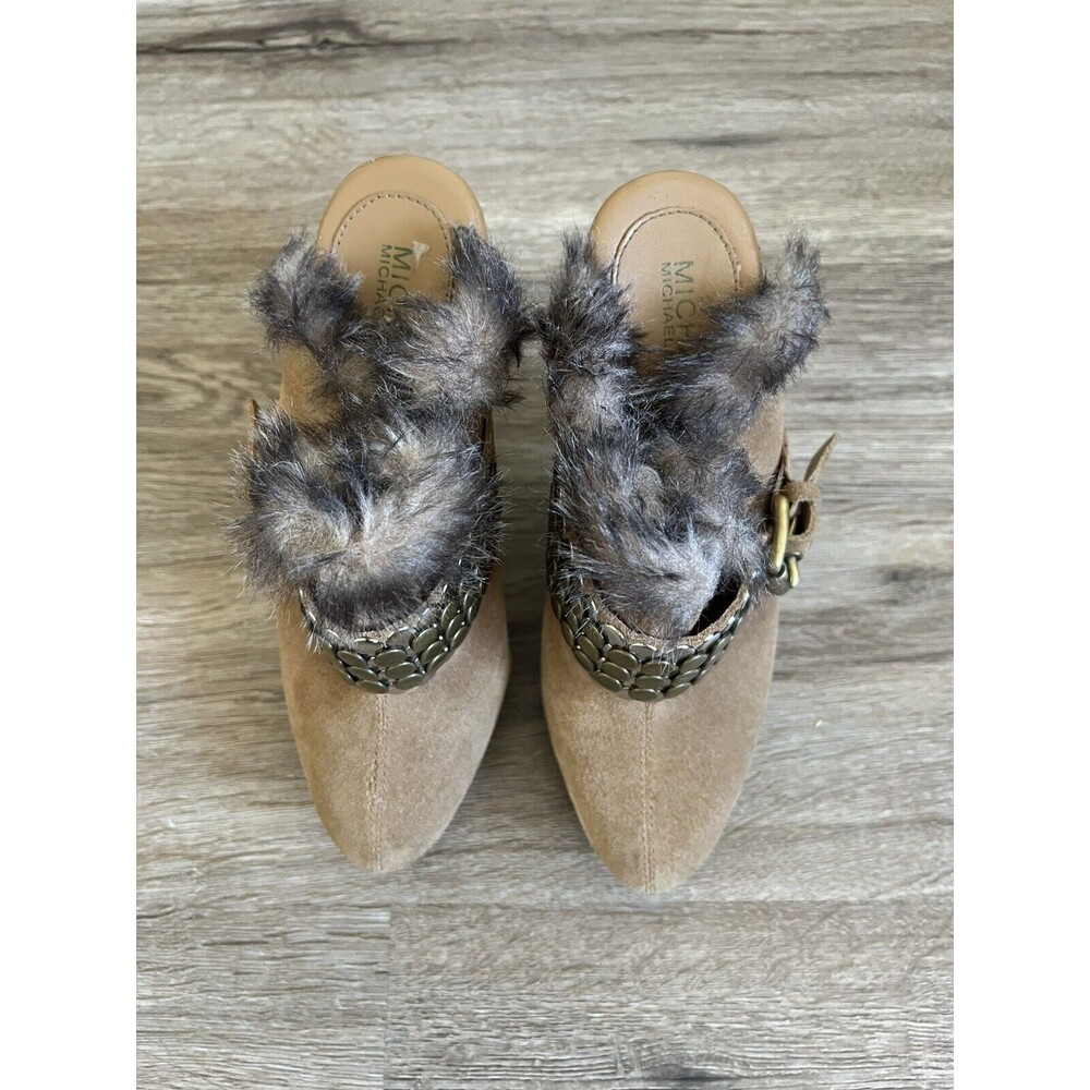 Michael Kors MMK 5.5 Khaki Suede Collette Faux Fur Stud Buckle Mules Clogs - Picture 6 of 11